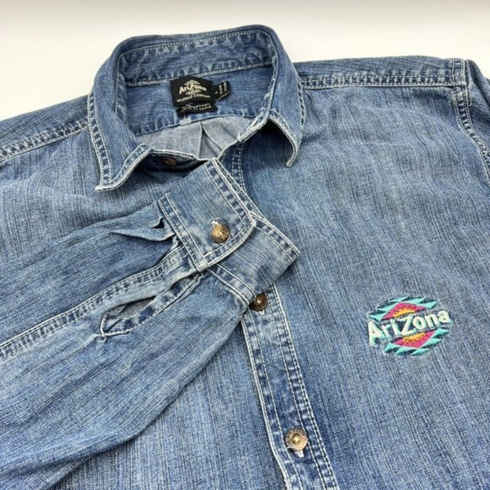 Arizona Beverage Co. Logo Long Sleeve Heavy‎ Denim Shirt Indigo Large HTF Rare
